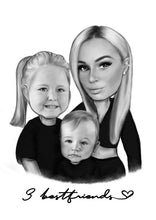 Load image into Gallery viewer, Black and white caricature as a character - Bestfriend drawing with writing - Black & white portrait - drawings and portraits from your photos - drawking.com - DrawKing