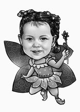 Load image into Gallery viewer, Black and white caricature as a character - Girl drawn as a fairy - Black & white portrait - drawings and portraits from your photos - drawking.com - DrawKing