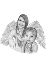 Load image into Gallery viewer, Black and white portrait - Little girl drawn with grandma who passed away with angel wings - Black & white portrait - drawings and portraits from your photos - drawking.com - DrawKing
