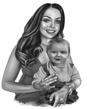 Load image into Gallery viewer, Black and white portrait - Mother and child drawn together smiling - Black & white portrait - drawings and portraits from your photos - drawking.com - DrawKing
