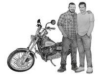Load image into Gallery viewer, Black and white portrait with a large object - Men with motorbike - Black & white portrait - drawings and portraits from your photos - drawking.com - Drawking