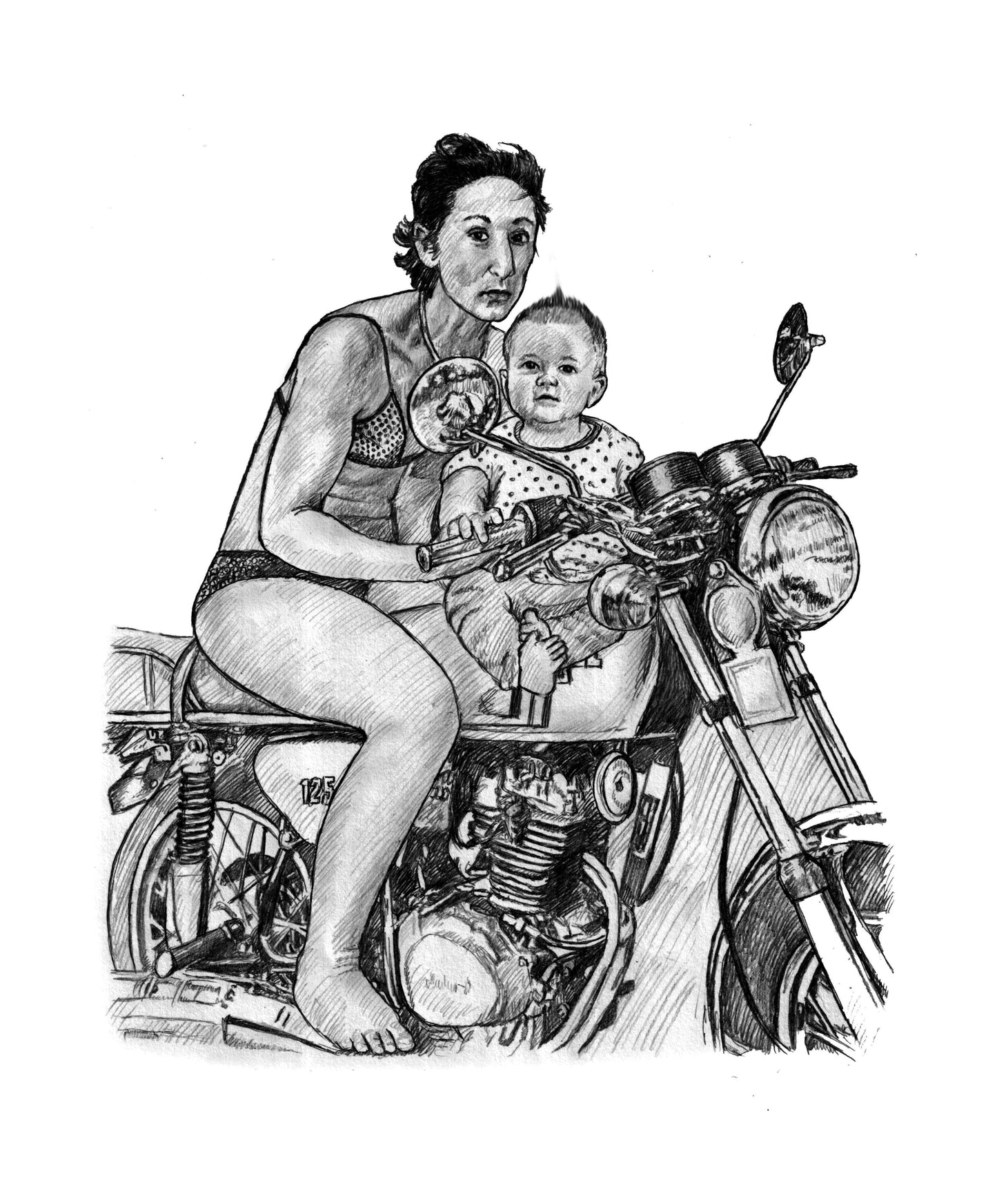 Black and white portrait with a large object - Woman and child drawn on motorbike - drawings and portraits from your photos - drawking.com - Drawking