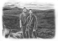 Load image into Gallery viewer, Black and white portrait with background -Men drawn with countryside view - Black & white portrait - drawings and portraits from your photos - drawking.com - DrawKing