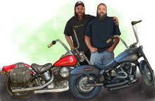 Load image into Gallery viewer, Color portrait with large object - Men drawn with motorbikes - colour portrait - drawings and portraits from your photos - drawking.com - DrawKing
