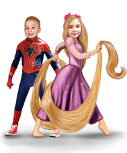 Load image into Gallery viewer, Colour drawing as a character - Bother and sister dressed as disney princess and marvel superhero - drawings and portraits from your photos - drawking.com - DrawKing