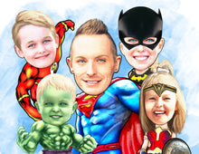 Load image into Gallery viewer, Colour drawing as a character - Family as different superhero's - drawings and portraits from your photos - drawking.com - DrawKing