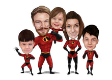 Load image into Gallery viewer, Colour drawing as a character - family drawn as superheros the incredibles - drawings and portraits from your photos - drawking.com - DrawKing