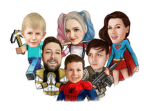 Load image into Gallery viewer, Colour drawing as a character - family drawn as different marvel , minecraft , DC characters - drawings and portraits from your photos - drawking.com - DrawKing